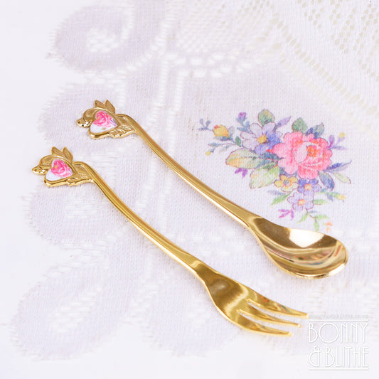 Gold Plated Heart Rose Teaspoon and Cake Fork