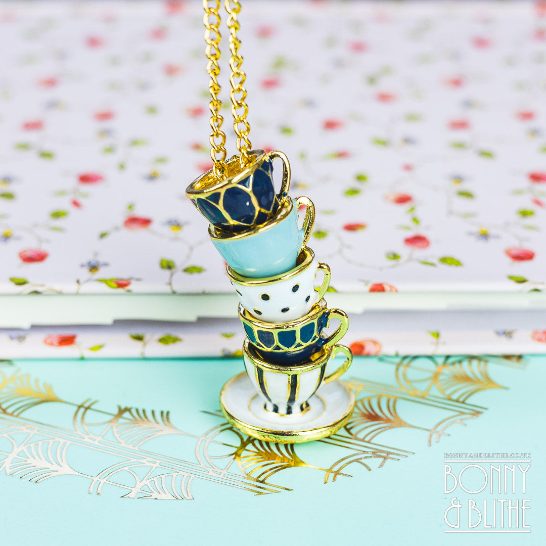 Blue & White Enamel Gold Stacked Teacup Necklace
