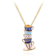 Blue & White Enamel Gold Stacked Teacup Necklace