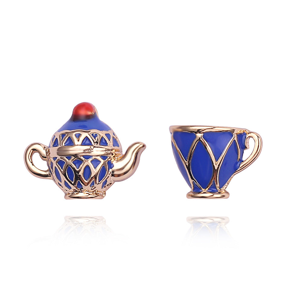 Blue Enamel Gold Teapot & Teacup Earrings